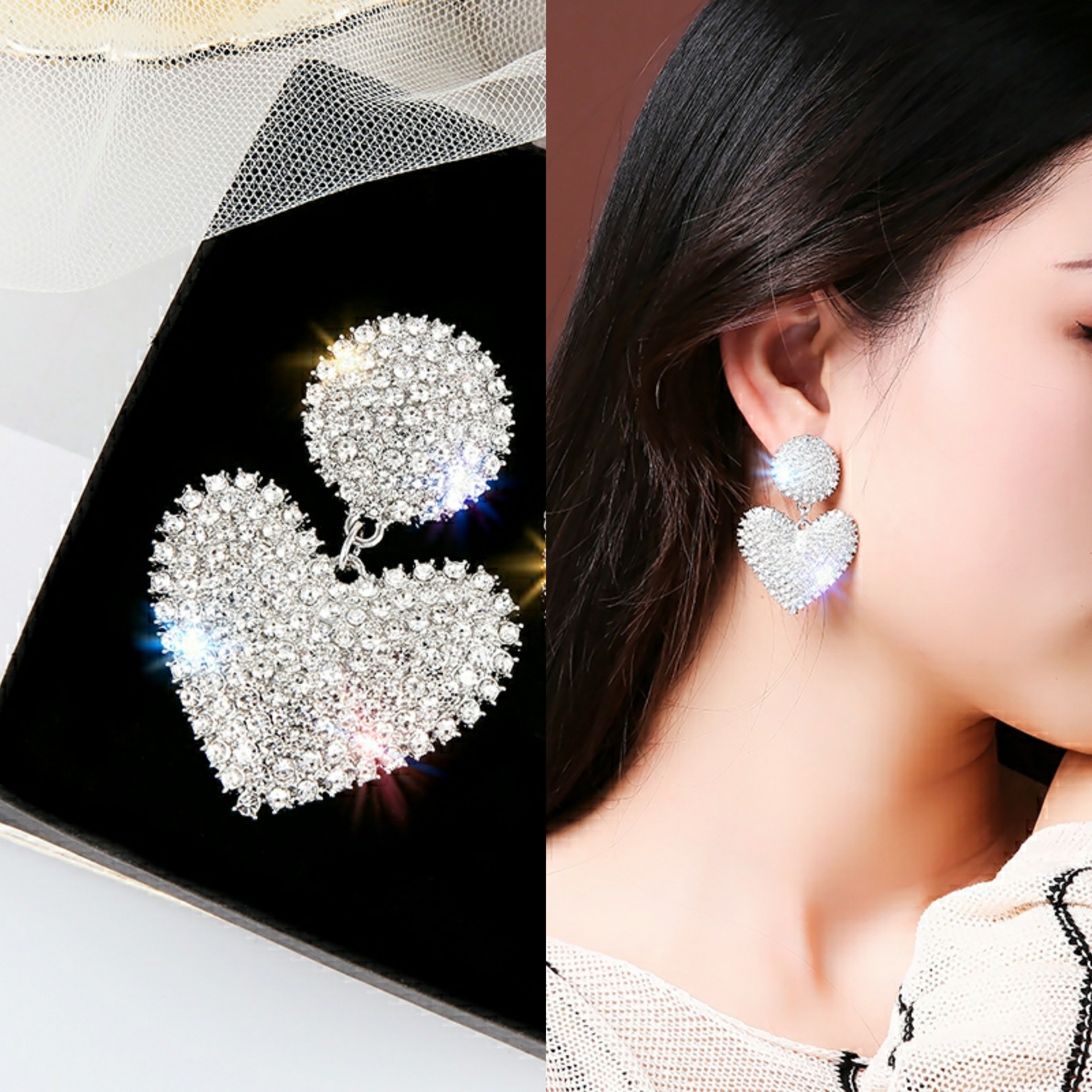 欧美ins风气质时尚ol设计耳环个性夸张闪钻爱心耳钉甜美百搭耳饰