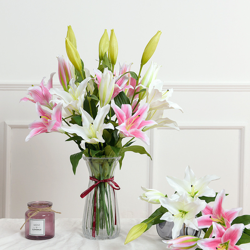 百合花仿真花餐桌客厅装饰塑料假花摆设绢布花束摆件花瓶插花