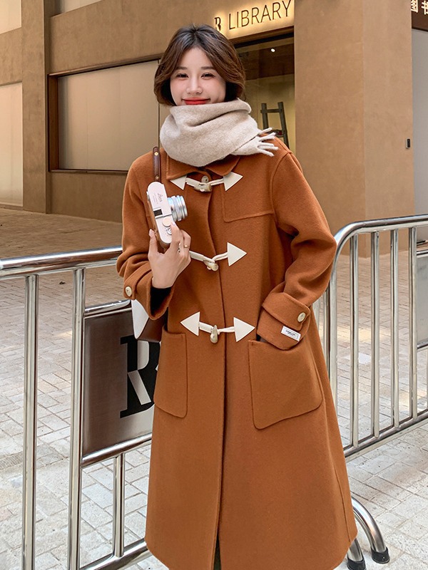 实拍2023脏橘色双面羊绒大衣女秋款韩系温柔风中长款过膝毛呢外套