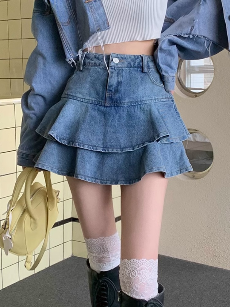 荷叶边双层牛仔半身裙女装裙子夏季短裙新款小个子显瘦假两件裙裤