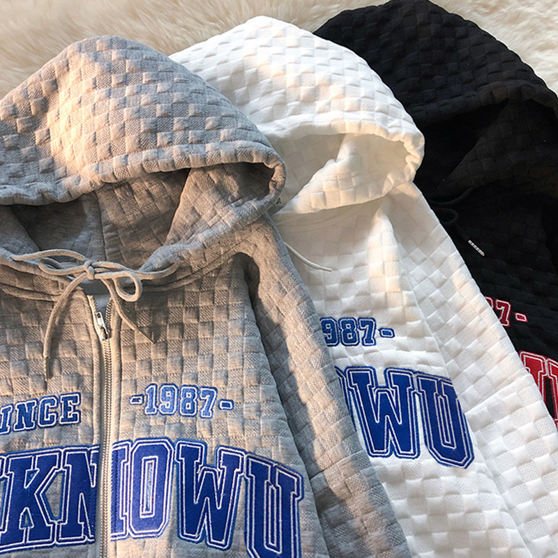 美式潮牌华夫格卫衣女春秋宽松polo衫大码200斤小众设计上衣外套