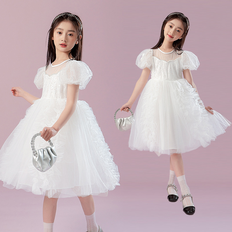 儿童夏季新款甜美公主网纱裙女童大裙摆连衣裙中大童白色清新裙子