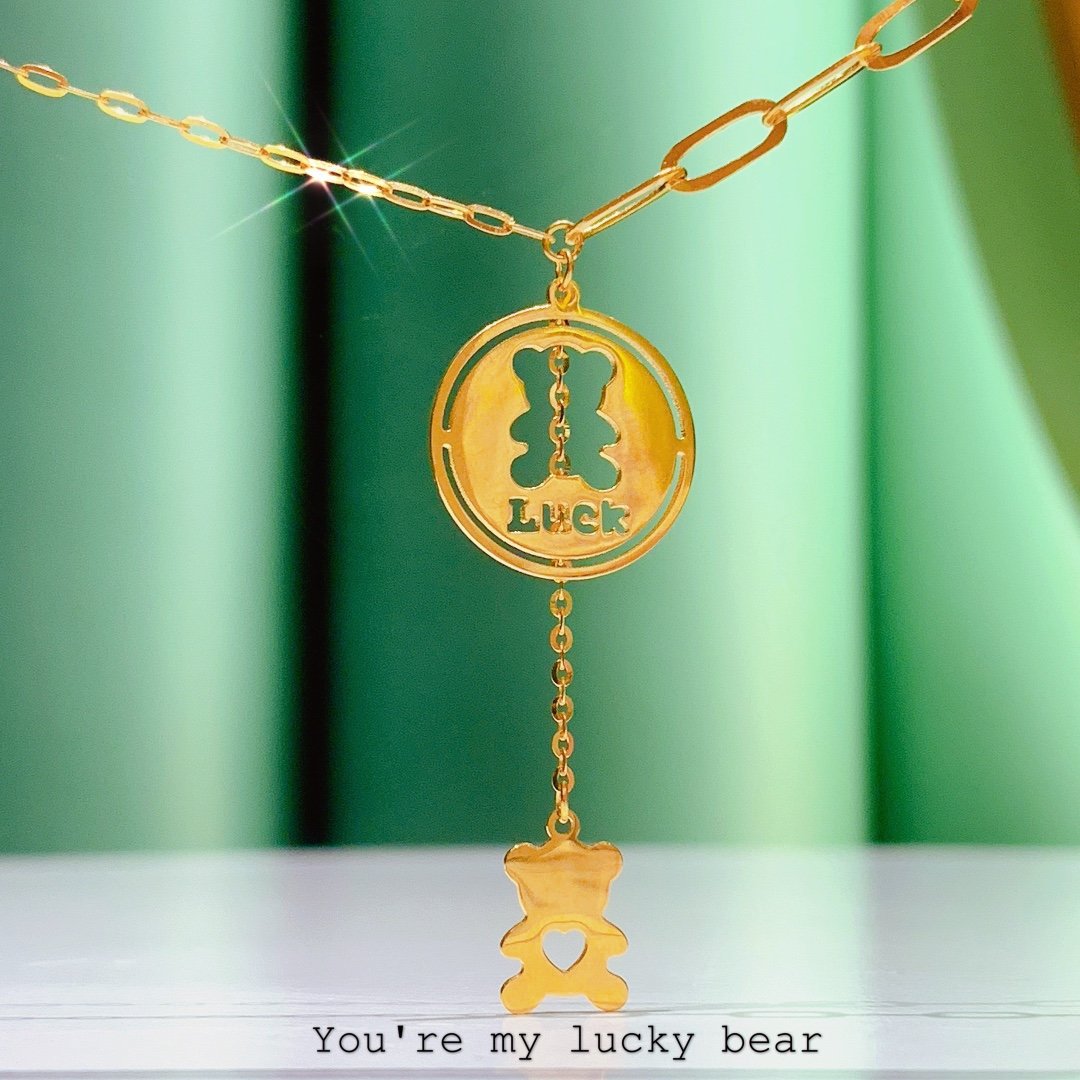 可刻字ins风治愈lucky小熊项链18k金au750女款黄金饰品水贝珠宝锁