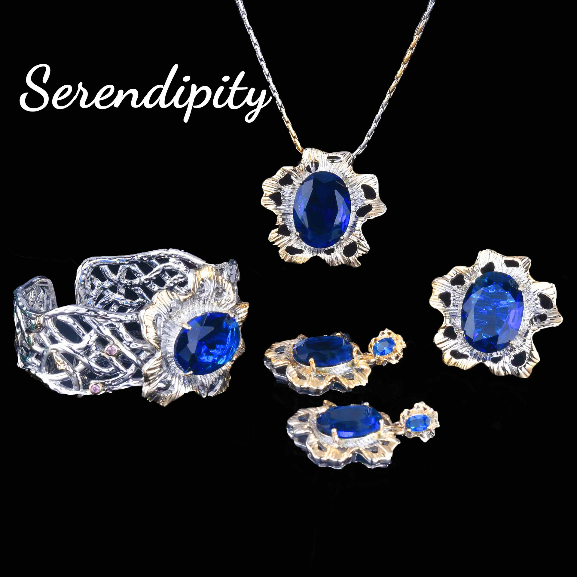 意大利复古宫廷风彩宝套装 双色金项链蓝宝石黄水晶手镯吊坠耳钉