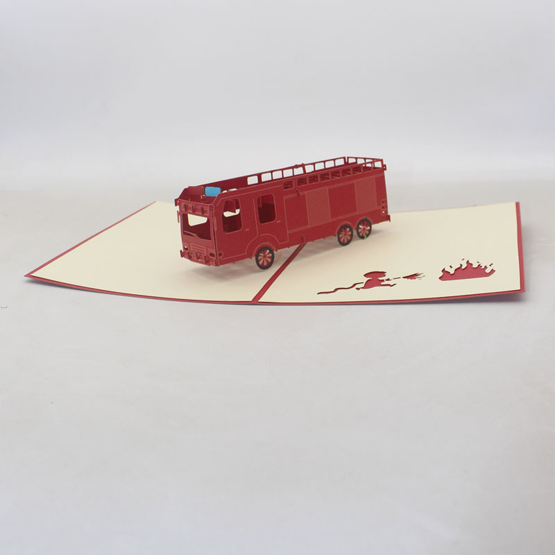消防车3d立体贺卡剪纸雕刻纸质工艺品镂空生日礼物摆件祝福印刷