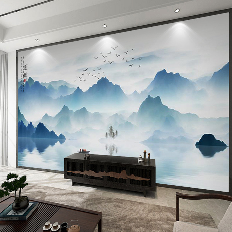新中式山水墨画花鸟简约现代沙发电视背景墙玄关壁纸壁画墙布