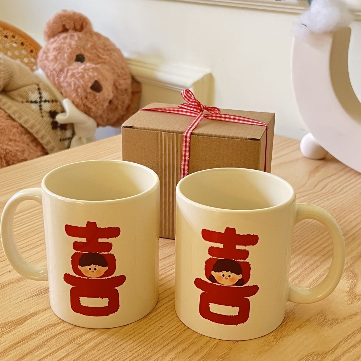 喜字马克杯情侣水杯子一对小众复古新婚礼物牛奶早餐陶瓷杯耐高温