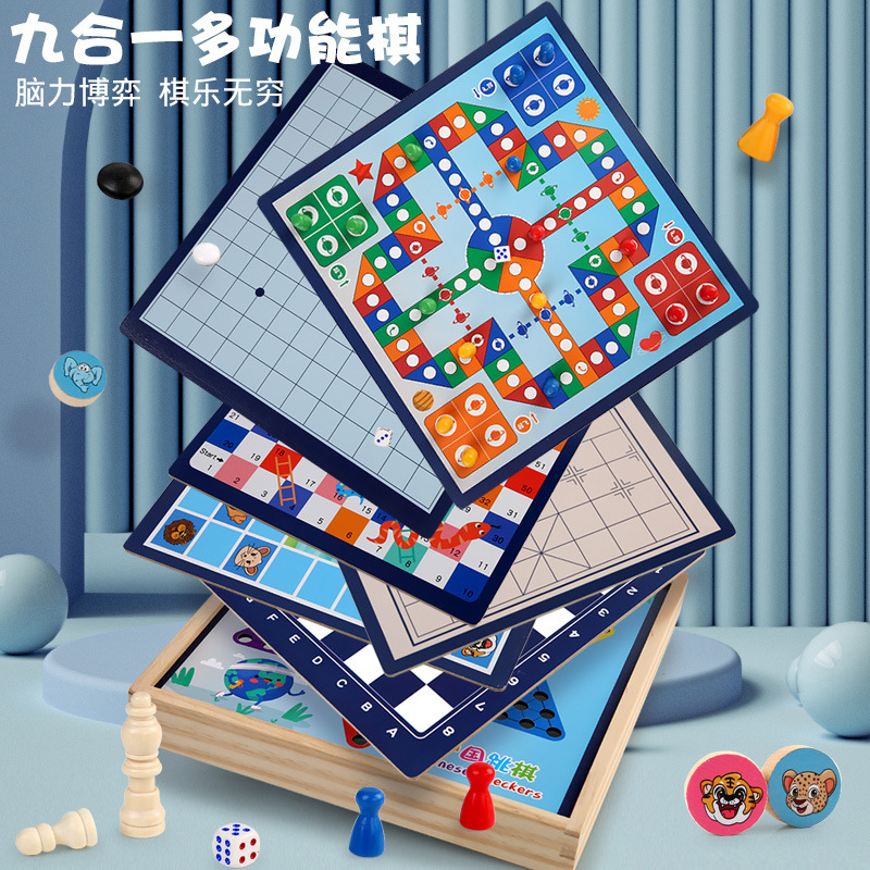 All-in-One Checkers Aeroplane Chess Five-in-a-Row Animal Checker Game Multi-Functional Chess Children's Student Education Wooden Toys