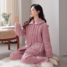 睡衣女士冬季三层夹棉加厚加绒珊瑚绒保暖法兰绒秋冬款家居服套装