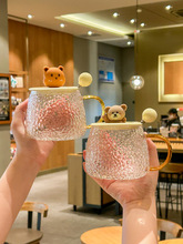 可爱小熊玻璃杯带盖勺女生高颜值喝水杯子大容量马克杯情侣咖啡杯