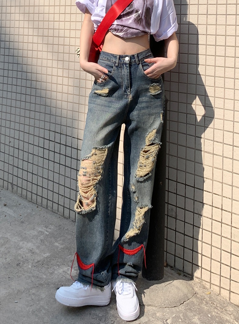 春夏破洞牛仔裤女高街潮ins乞丐个性宽松直筒高腰阔腿hiphop炸街