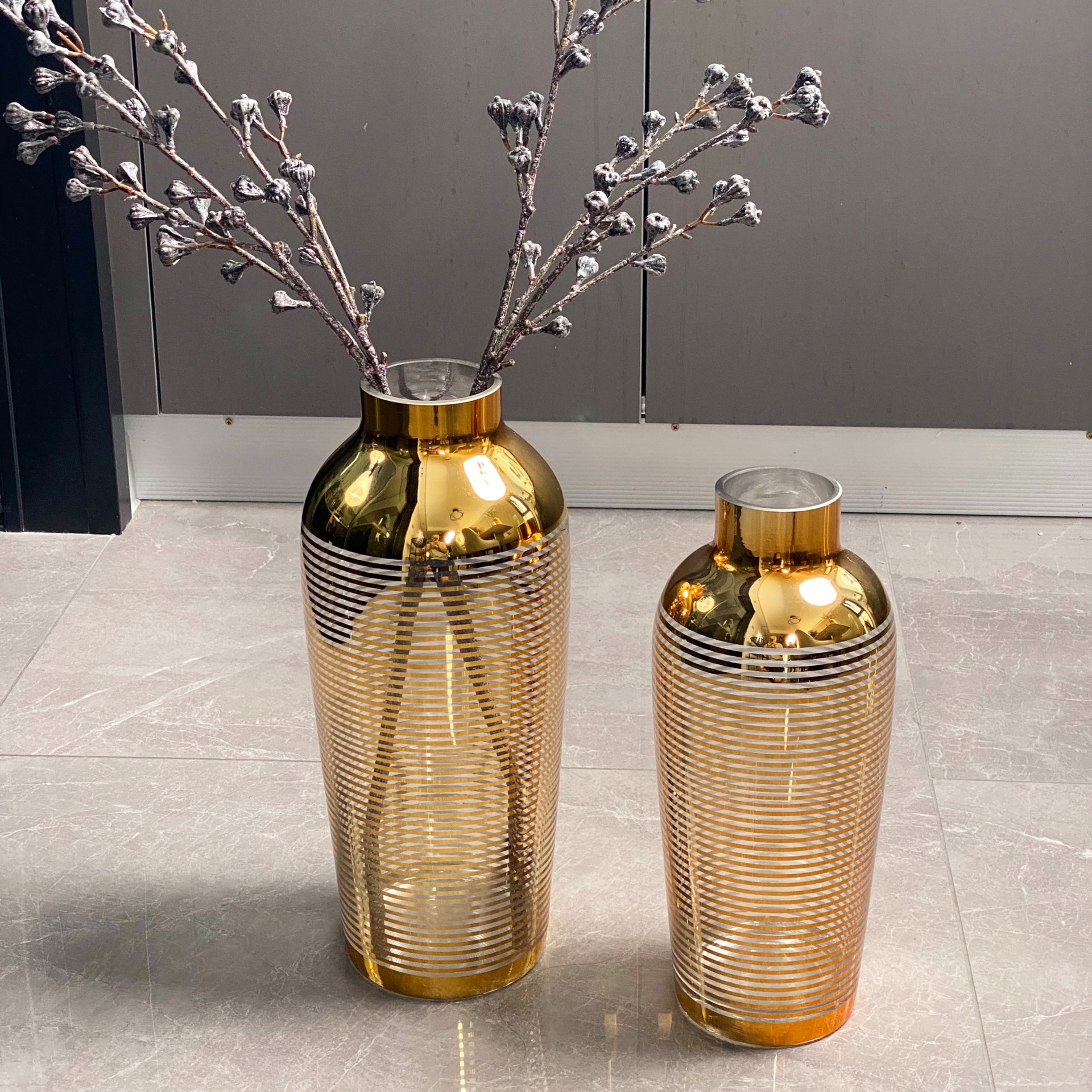 hjm-创意激光雕刻金色玻璃花瓶插花干化样板间电视柜餐桌家居摆件