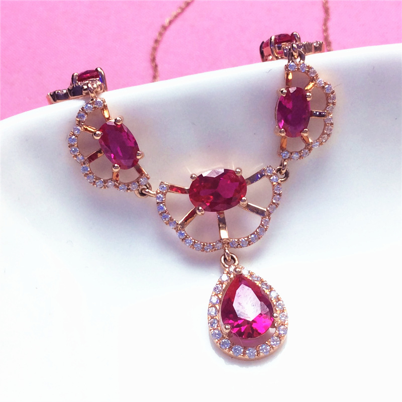 星芙奥俄罗斯585紫金镶嵌红石水滴项链镀玫瑰金气质豪华彩金项链