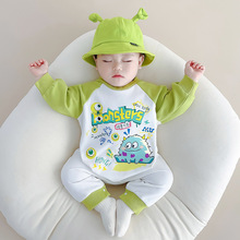 新款绿色春秋秋冬宝宝连体衣婴儿可爱趣味小怪兽印花长袖爬服批发