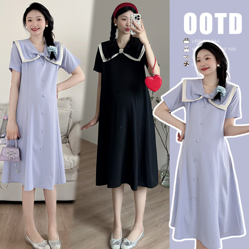 real shot spot ~ 2024 summer new bow sailor collar younger short sleeve dress plus size slimming pregnant women