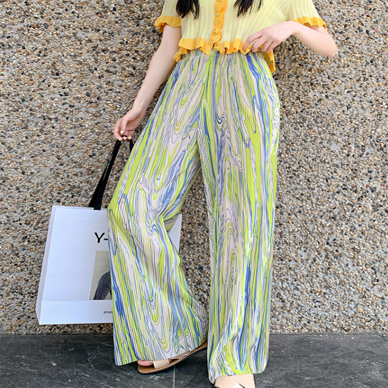 2023 Spring and Summer New Rainbow Bar Wide-Leg Pants Female Flow Color Printing Flower Ice Silk Mop High Waist Drooping Loose Straight