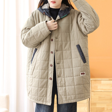 冬装新款绗缝棉衣女中长款大码牛仔纯棉拼接夹棉外套-阿里巴巴