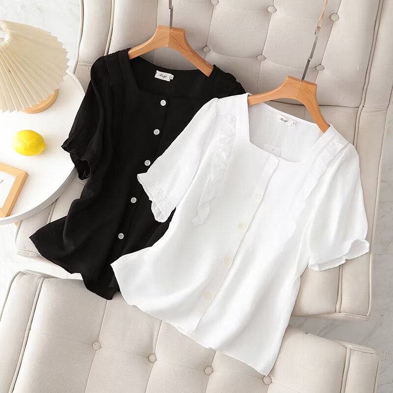 胖mm大码2024夏季新款女装韩版时尚方领花边衬衫短袖t恤 z126 735