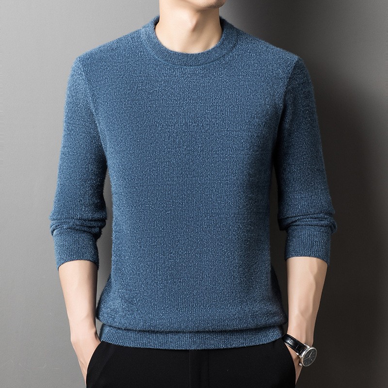 貂绒毛衣男加绒加厚冬季圆领套头针织衫纯色打底衫韩版保暖雪貂绒
