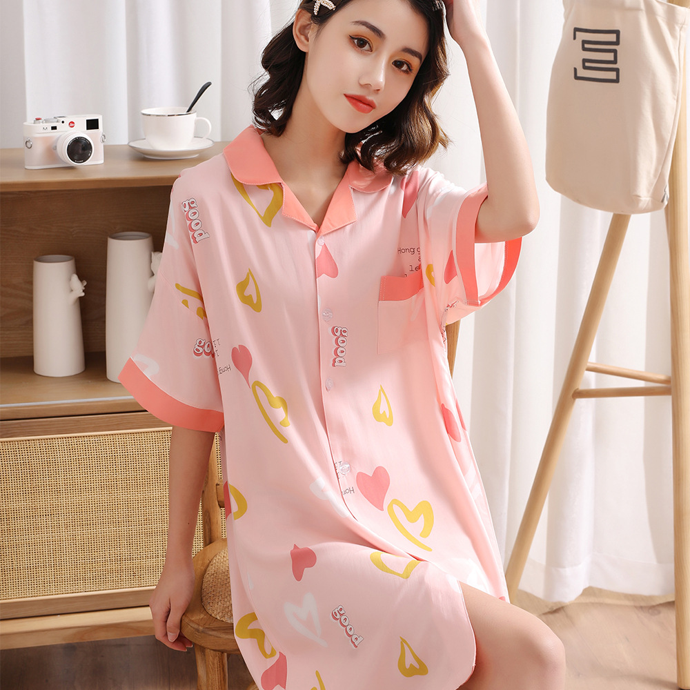定制韩版可爱棉绸睡衣裙女加大码衬衫裙可外穿宽松棉绸睡裙