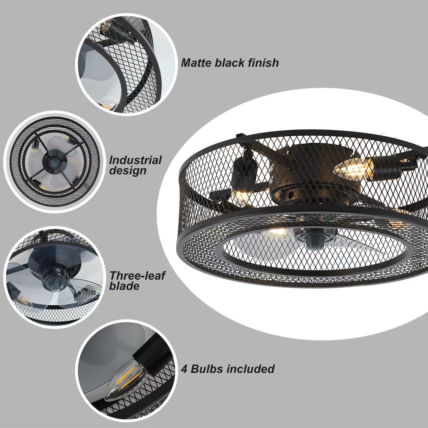 Modern Enclosed Ceiling Fan Indoor with Remote Control ndustrial Ceiling Fan Light Kit for Living Room, Bedroom, Kitchen