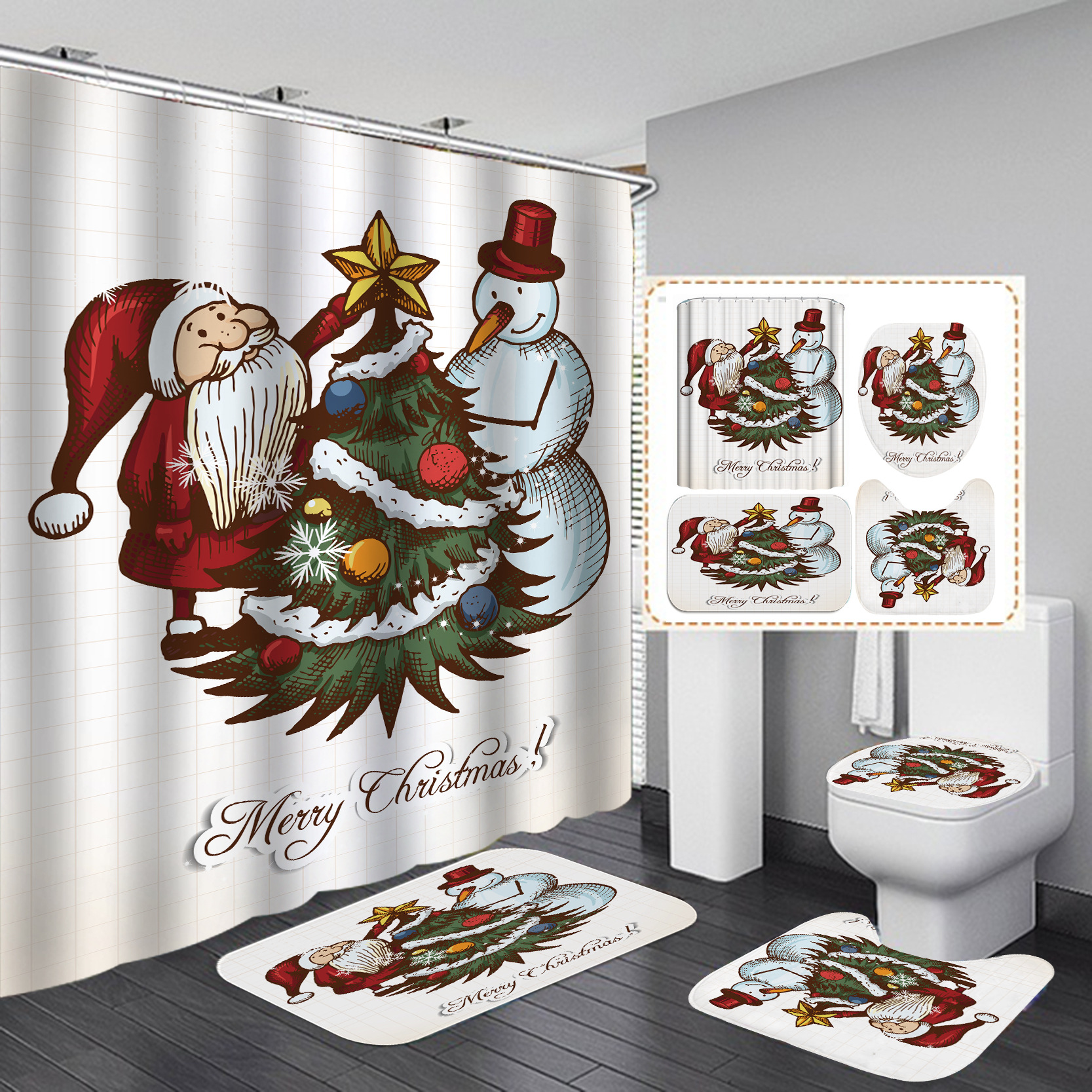 Cross-Border Direct Sales Christmas Shower Curtain Set Series Waterproof Punch-Free Partition Curtain Bath Curtain Hotel Rain Curtain