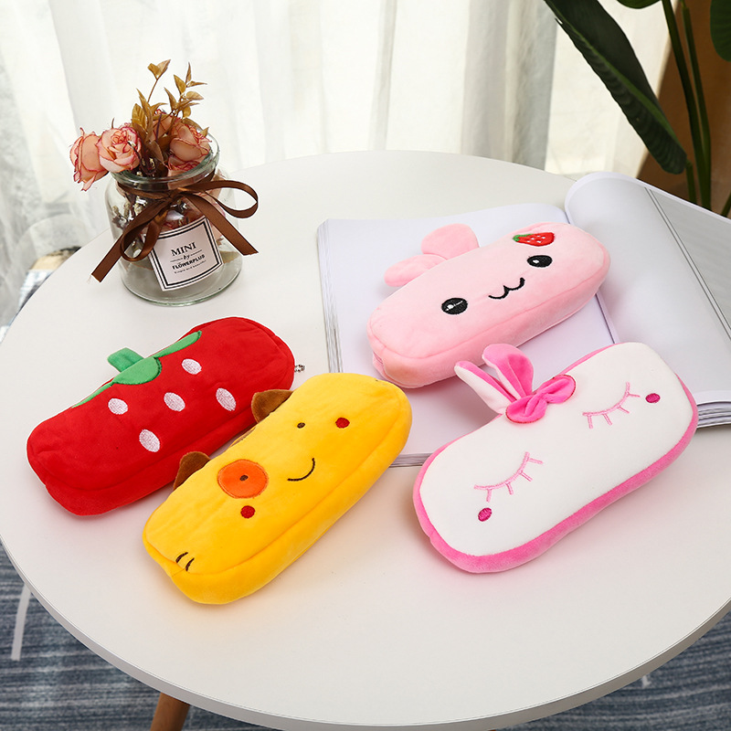 Creative Cartoon Zipper Stationery Bag Large Capacity Soft Short Plush Pencil Case Japanese and Korean Simple Pencil Case Storage Stationery Box