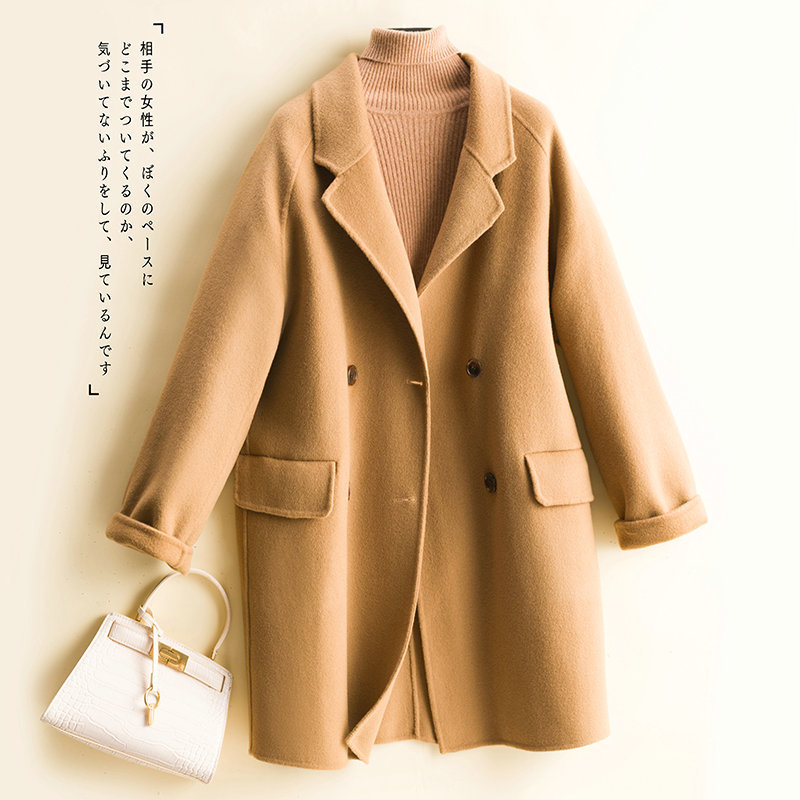 双面羊绒大衣女西装领双排扣茧型呢子大衣中长款宽松毛呢显瘦外套