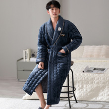男士冬季一体式加厚长款珊瑚绒睡袍三层夹棉加绒保暖冬天浴袍睡衣