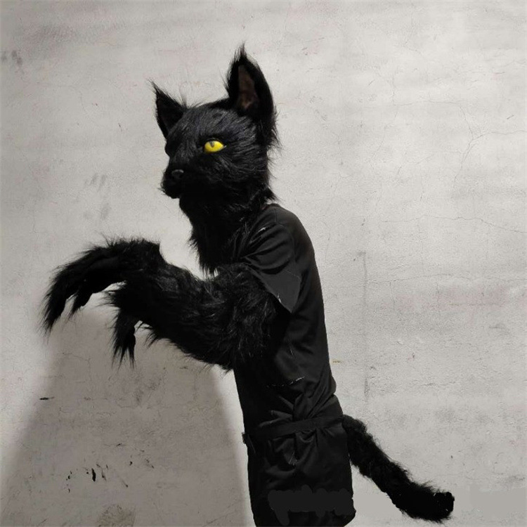 新款毛绒黑猫面具头套尾巴手套袖套搞笑动物猫咪扮演舞会派对道具