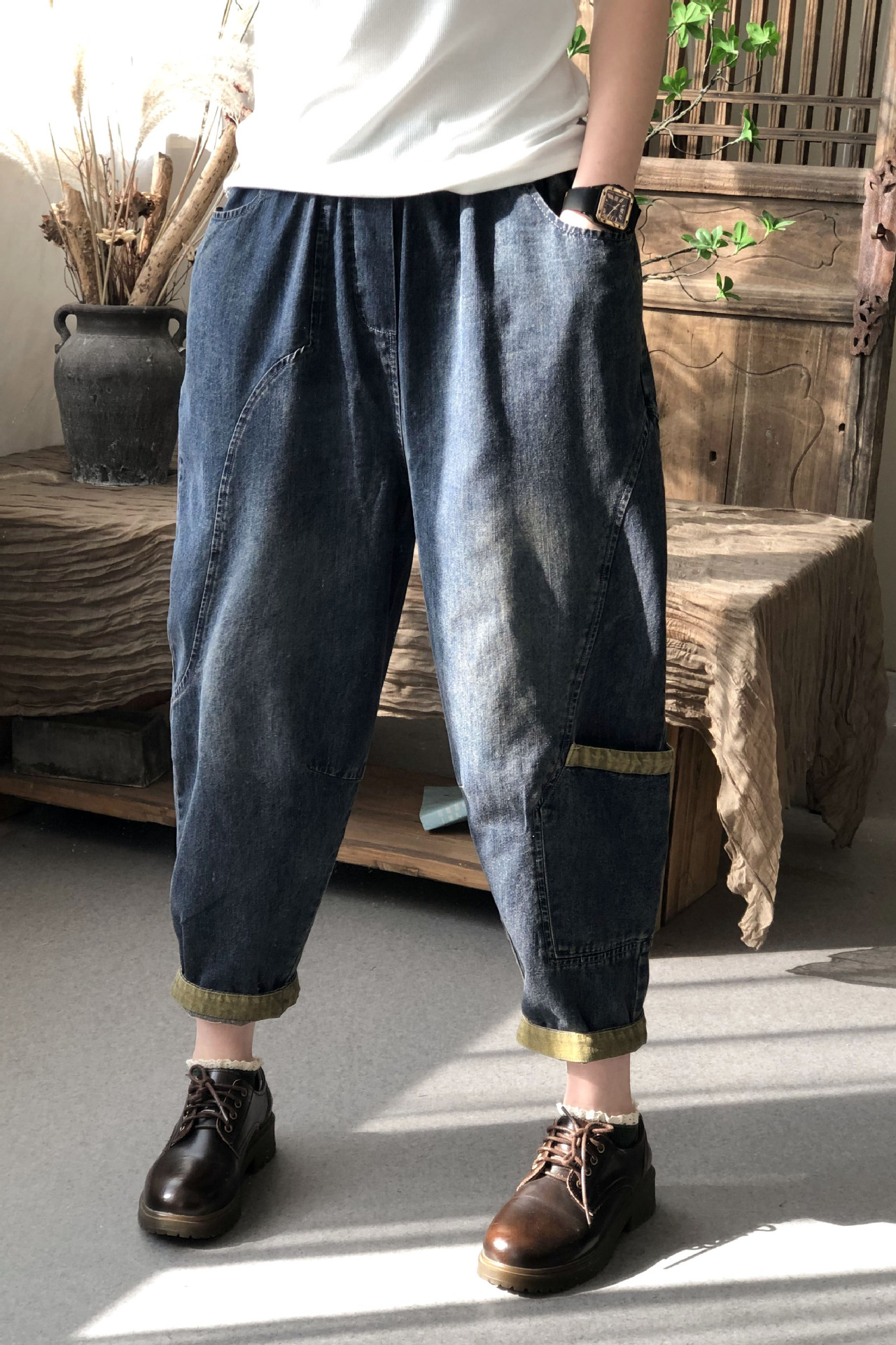 大码牛仔老爹裤2022年春季新款韩版宽松休闲大口袋水洗哈伦裤垮裤
