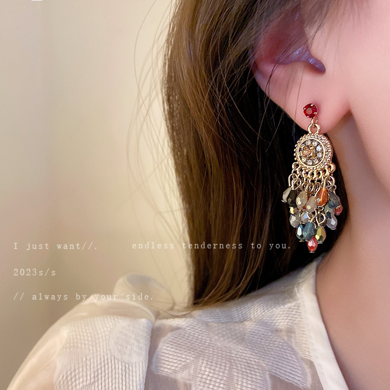 Silver Stud Rhinestone-Encrusted Flower Crystal Tassel Earrings Fashion Ear Studs Vintage Ethnic Style Light Luxury Earrings Wholesale for Women