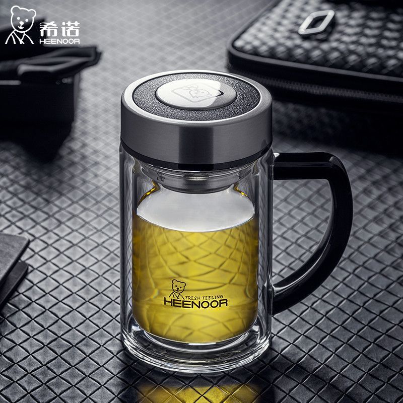 希诺双层玻璃杯带盖把手柄高档商务办公室泡茶过滤耐热透明水杯子