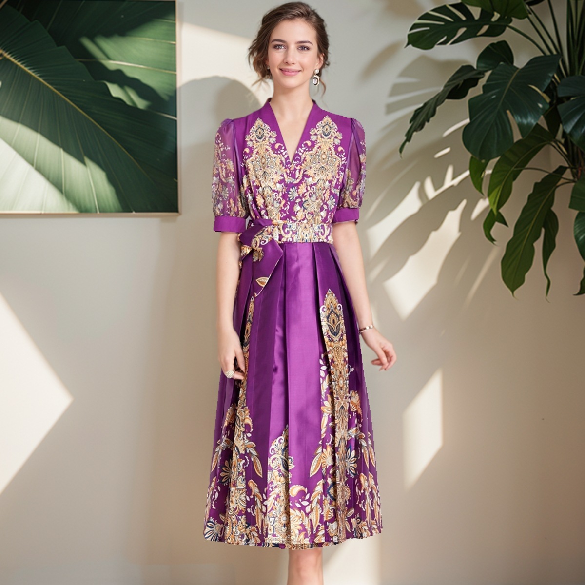 欧美复古宫廷风礼服高端轻奢小众设计感印花一片式裹身裙连衣裙女