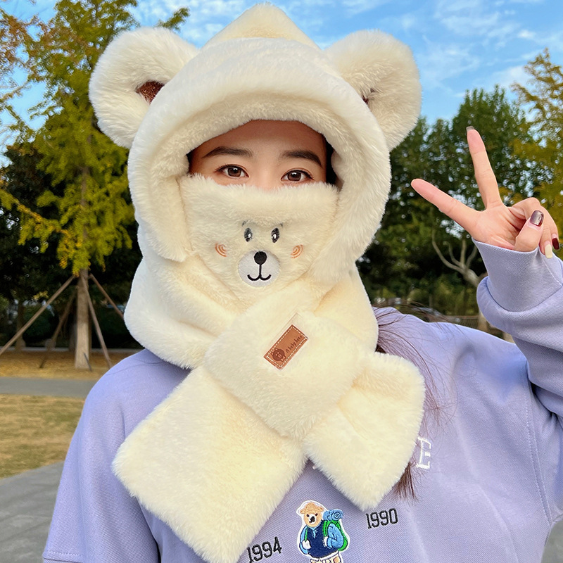 Bear Hat Scarf Integrated Female Autumn and Winter All-Matching 2023 Cycling Cute Warm Hooded Plush Scarf Hat