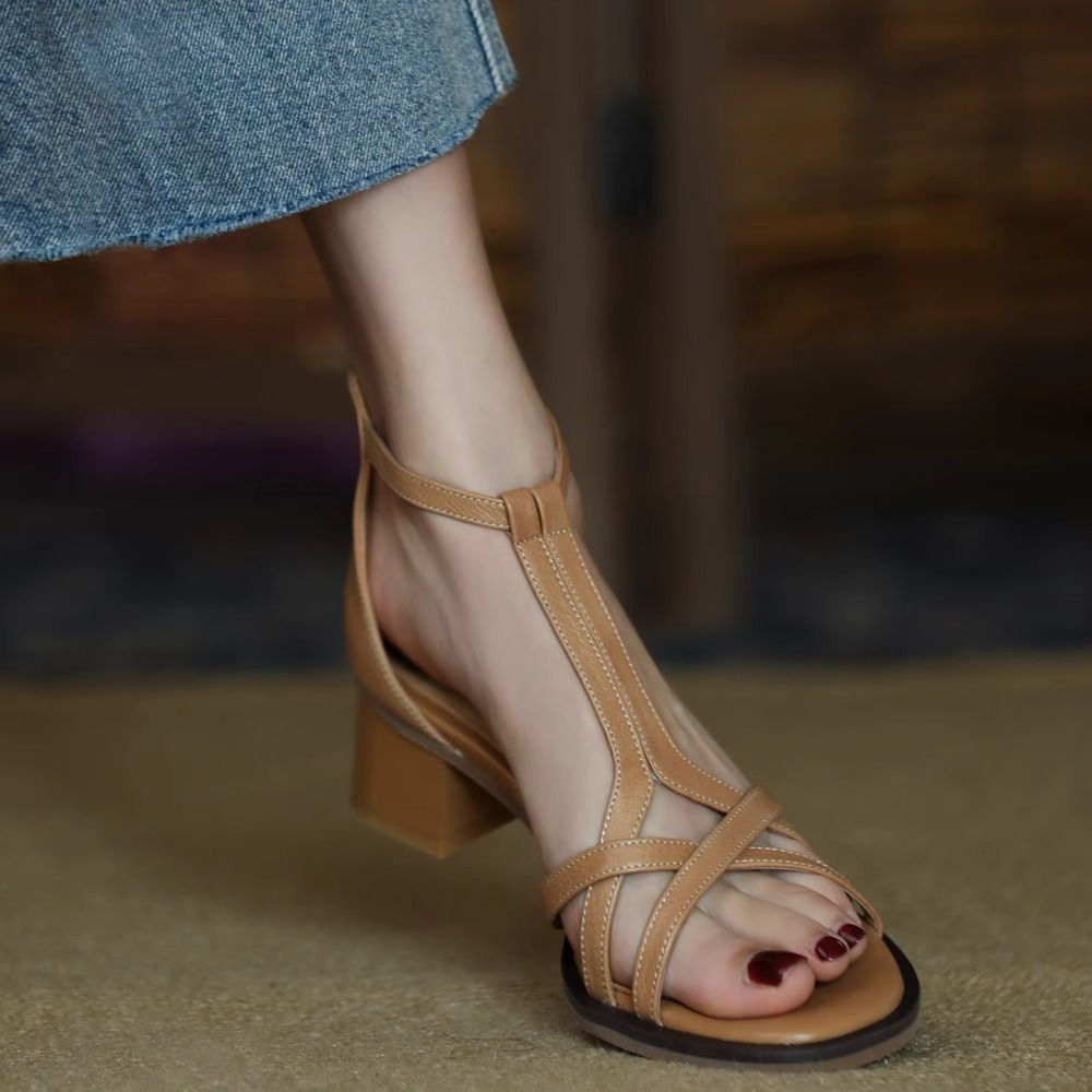 圆头粗跟露趾高跟鞋2024新款夏季镂空百搭中跟罗马凉鞋女-阿里巴巴