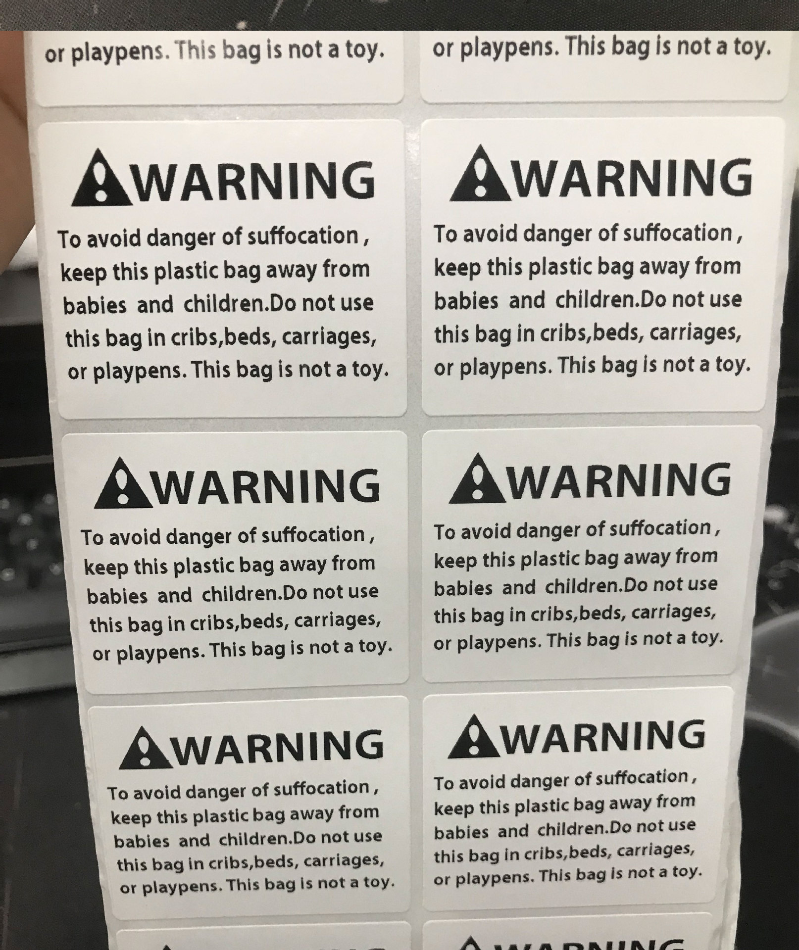 现货代打印亚马逊英文警示标贴不干胶标签warnin防窒息语警告语贴