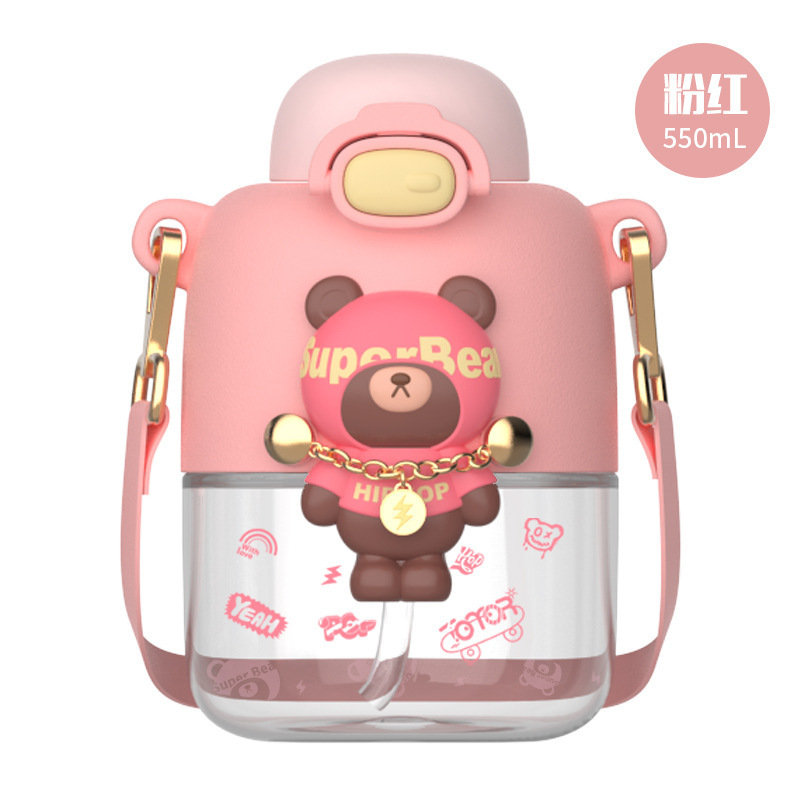 Aikesi Factory Wholesale Trendy Bear Straw Plastic Water Bottle 550ml Student Kid's Mug with Drinking Cup Bottles