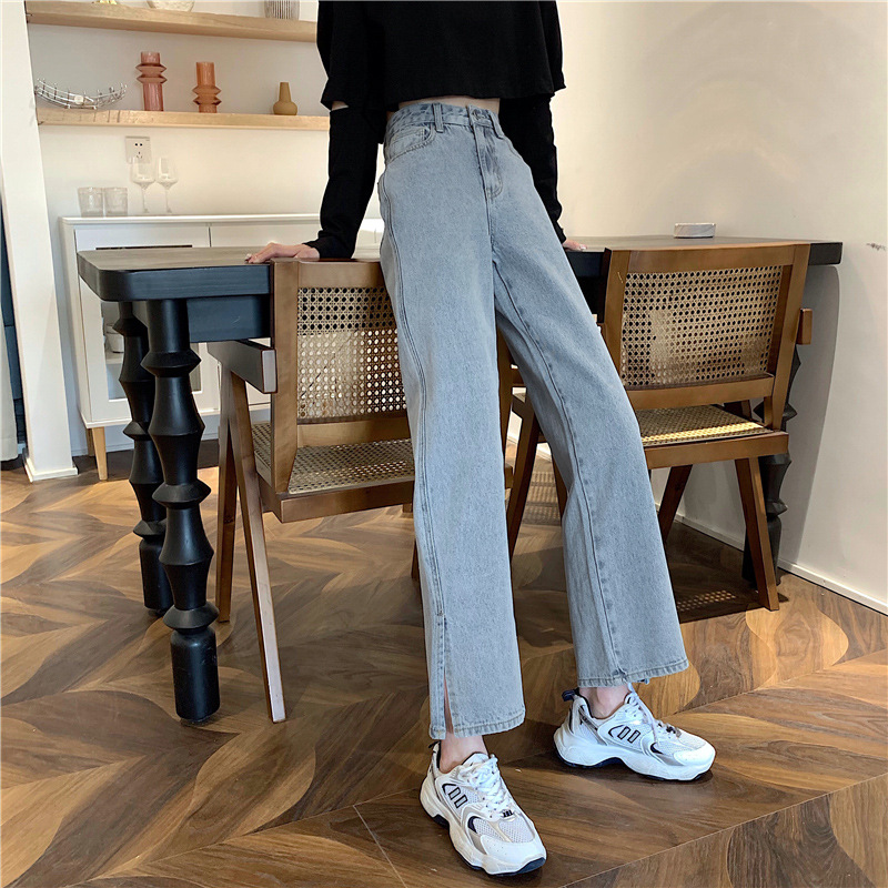   Women's Split Jeans Autumn and Winter New Straight High Waist Slimming Korean Slim Fit Slim Fit Wide-eg Pants ight Color