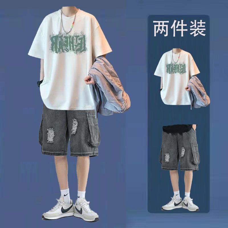 短袖t恤套装男夏季潮流牛仔短裤宽松男装一套搭配两件套-阿里巴巴