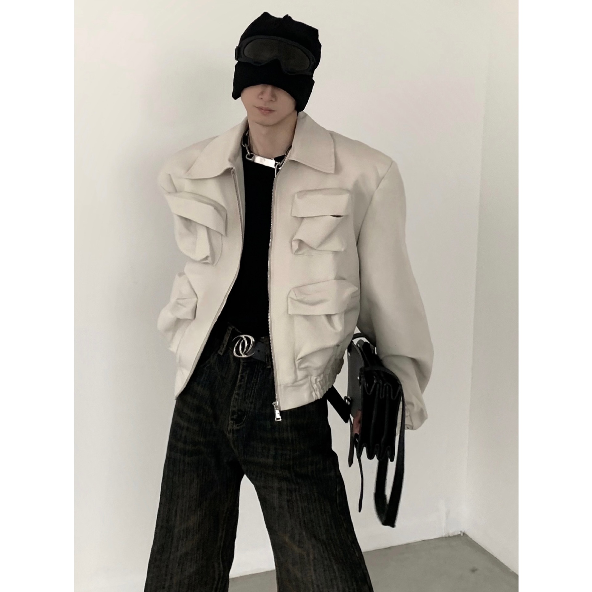 秋山风/小众美式高街设计感垫肩外套男春秋高级感廓形短款夹克潮