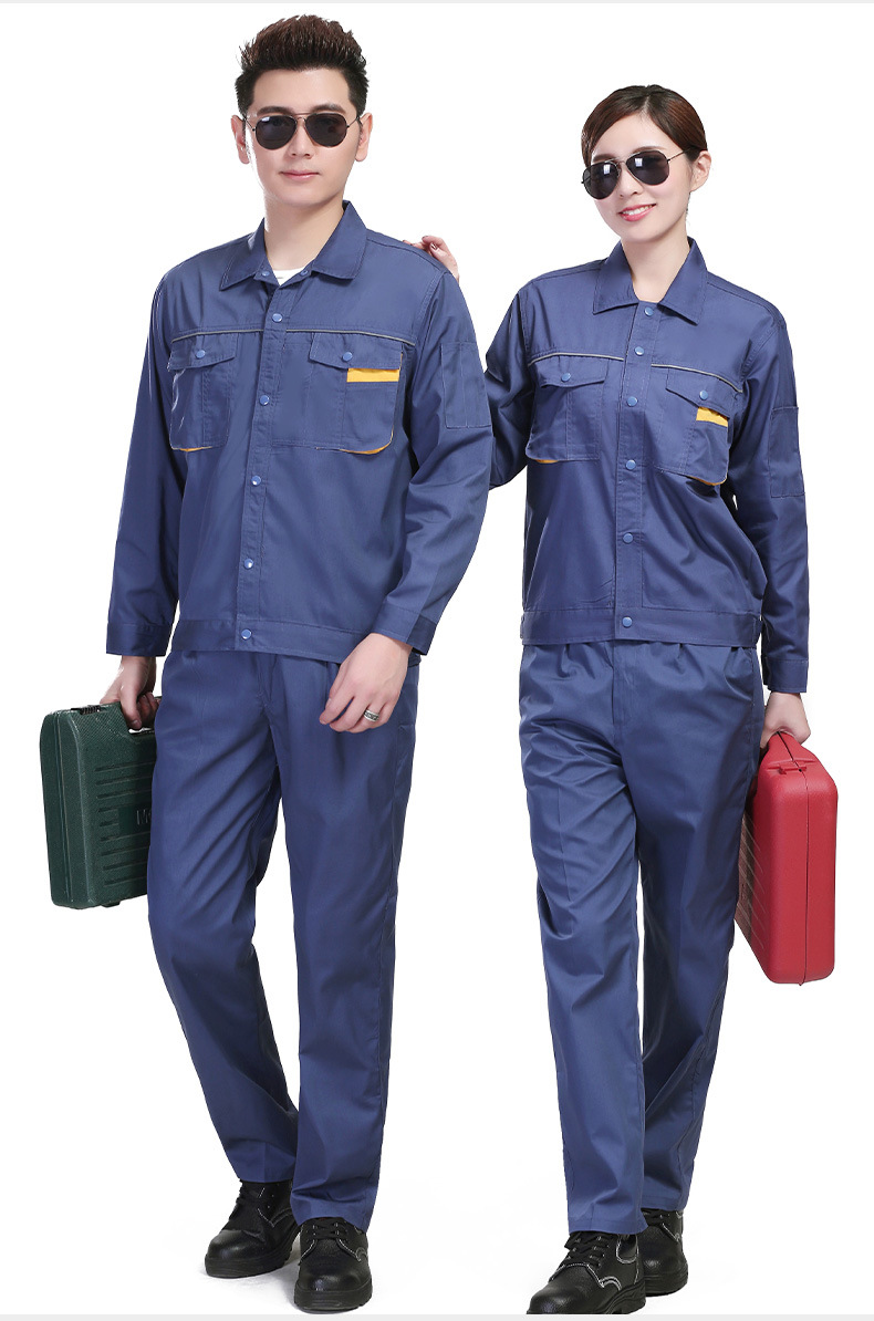 涤棉细斜纹工作服长袖套装工厂车间劳保工装侧缝包边工艺制服夏季