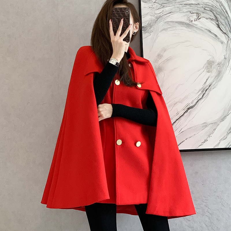 185505一件代发女装2021秋冬季新款时尚纯色毛呢翻领斗篷风衣外套