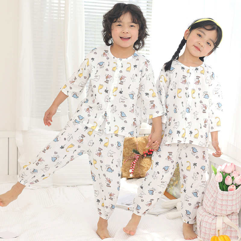 儿童夏季双层纱开衫亲子睡衣男童家居服套装纯棉女棉纱卡通空调服