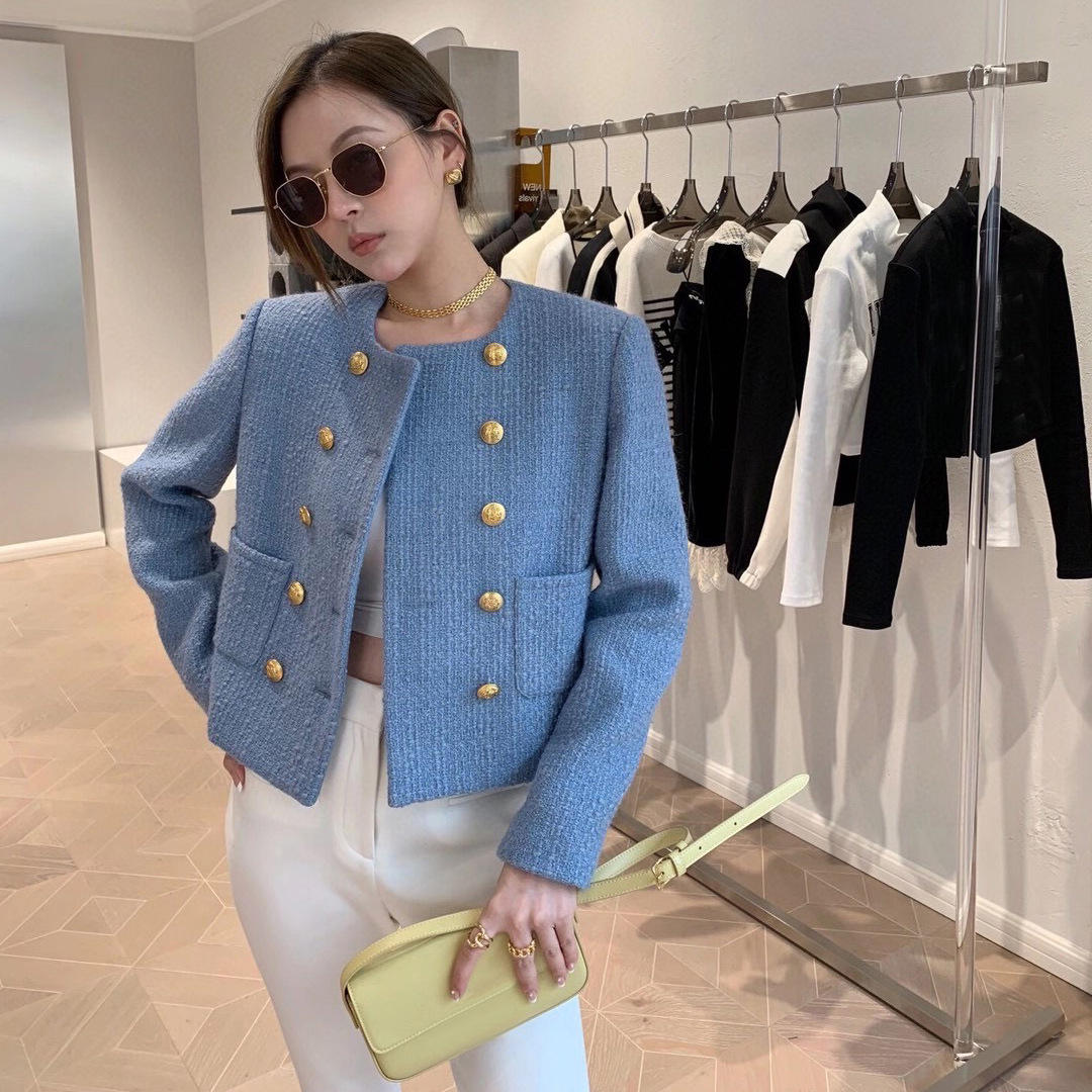 [本初]2022早春名媛小香风羊毛粗花呢外套女蓝色双排金扣短款上衣