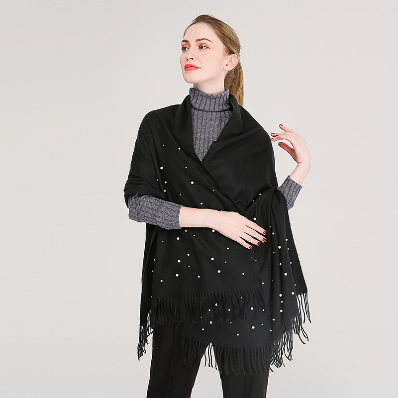 Best Seller in Europe and America New Autumn and Winter Cashmere-like Solid Color Barbed Beaded Shawl Thickened Warm Tassel Women's Scarf