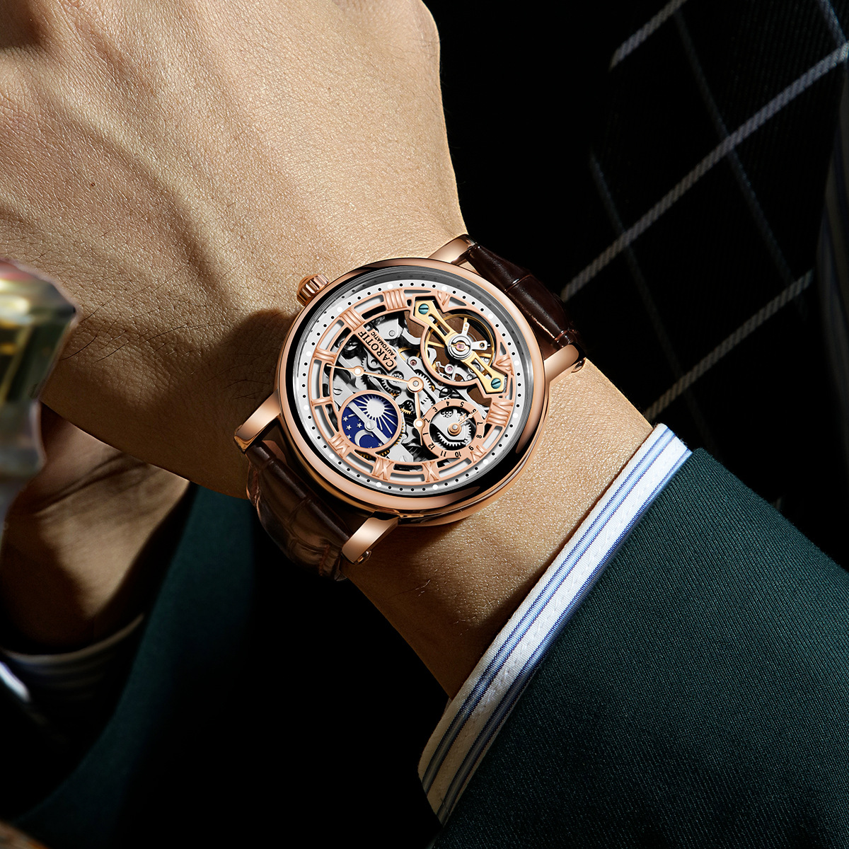 卡罗蒂夫商务休闲防水男士手表夜光真皮镂空机械表抖音爆款腕表