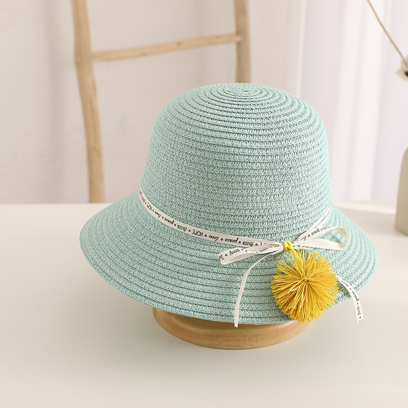 Little Girls' Straw Hat Summer Beach Sun Hat Parent-Child Big Brim Baby Sun Protection Hat Bag Set Small Fur Ball