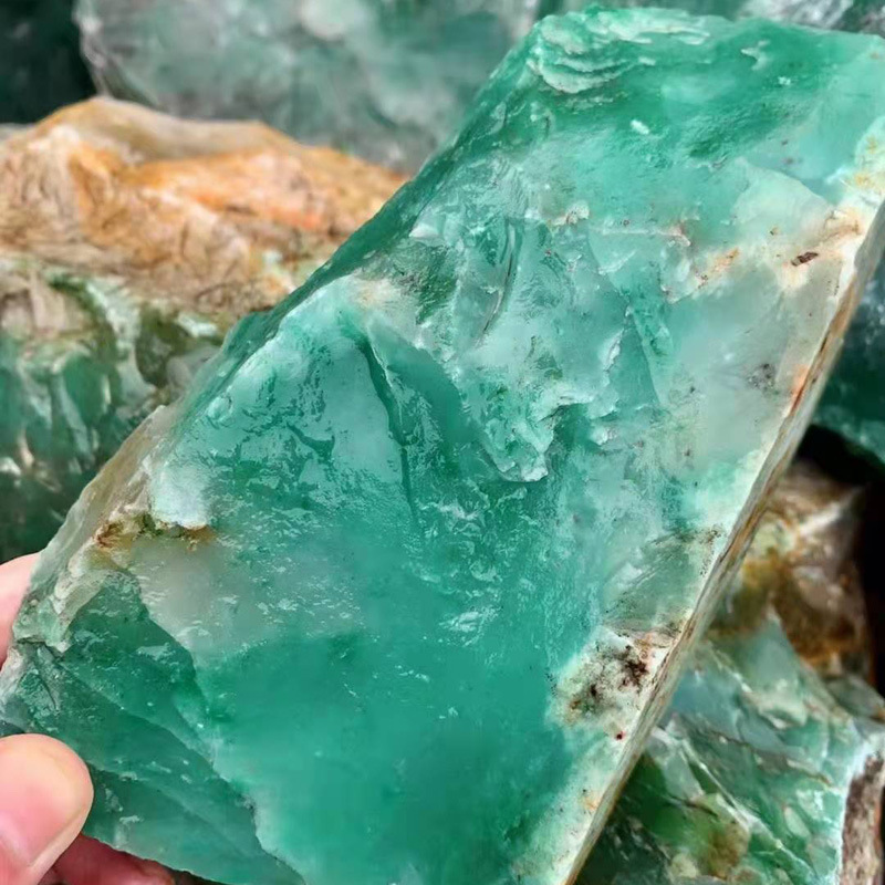 冰种绿飘花非洲翠原石手镯料 玉石手镯雕刻原料矿石 绿色毛料