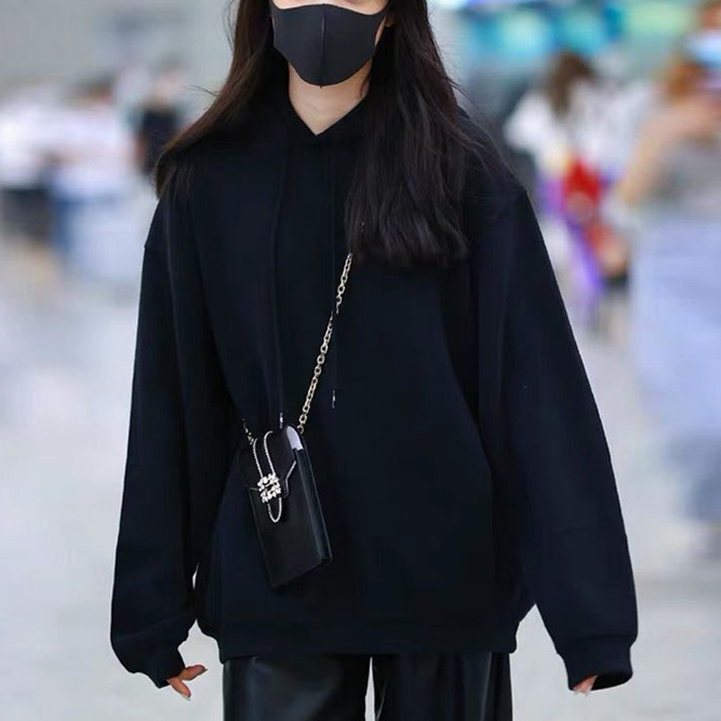 2023秋冬新款韩版中长款时尚明星同款上衣批发连帽纯色宽松卫衣女
